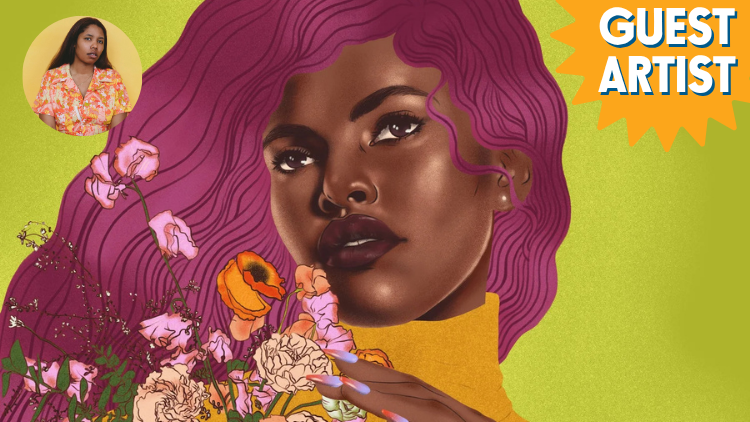 Vibrant digital portrait of a woman with purple hair surrounded by colorful flowers, highlighting the diverse artwork featured by Visual Arts Passage.