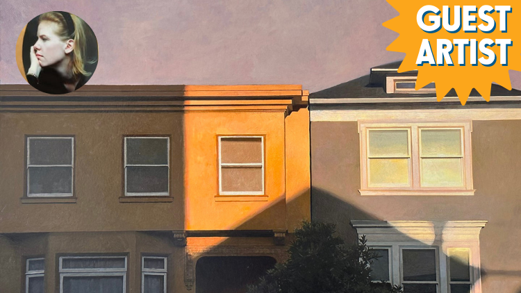 Colorful cityscape featuring residential buildings with distinctive window designs and warm lighting, highlighting urban architecture and artistic shadow play. Guest artist feature at Visual Arts Passage showcases creative community engagement in contemporary art.