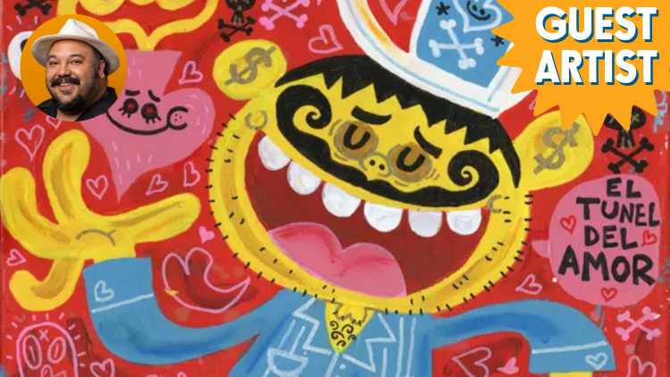 Vibrant, colorful mural artwork by guest artist featuring playful caricature with bold lines and engaging street art style at Visual Arts Passage.