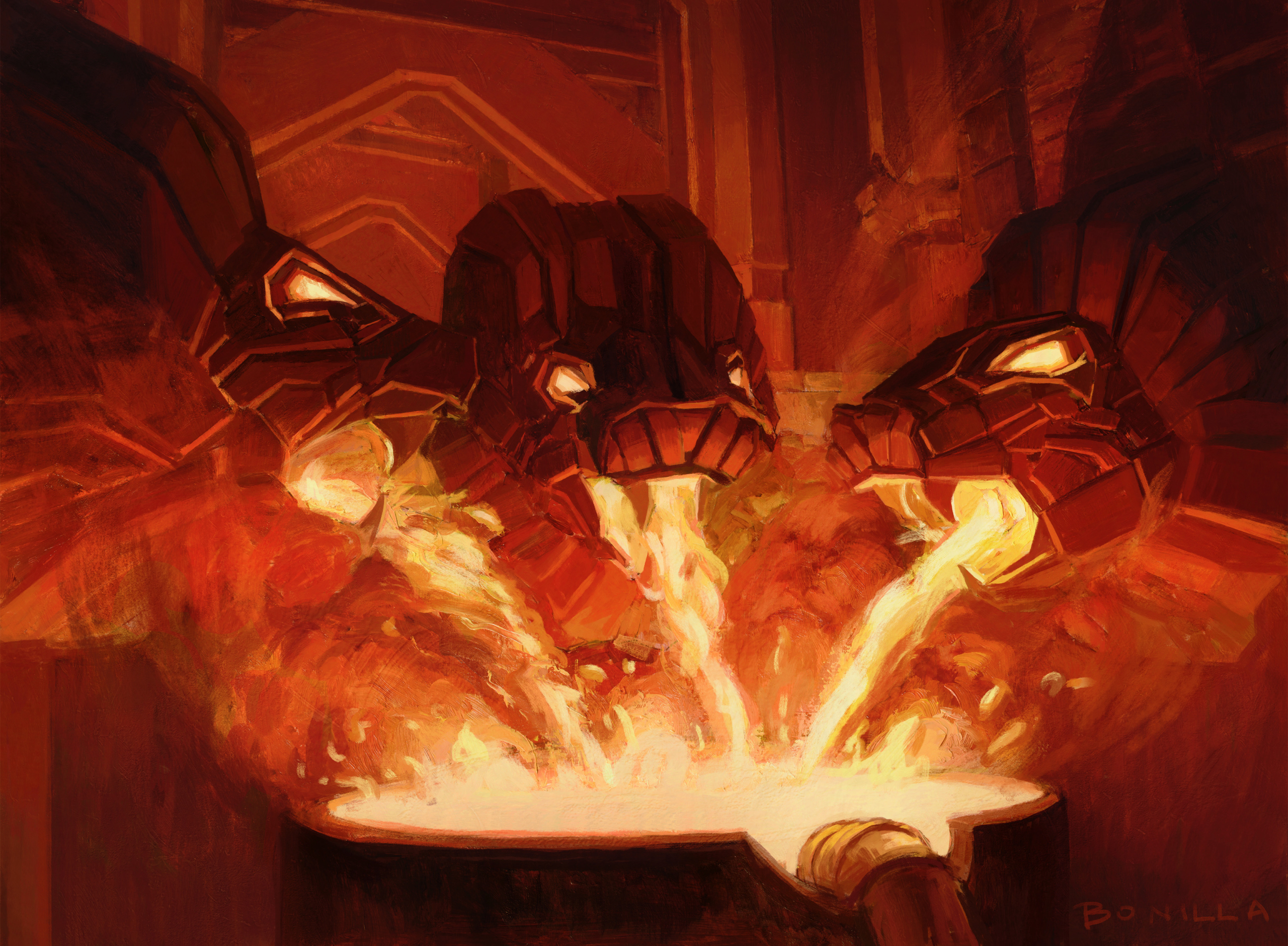 Furnace blacksmithing art depicting three glowing hot metal pieces being crafted, showcasing traditional steel forging in a fiery, industrial setting with vivid orange and red hues.