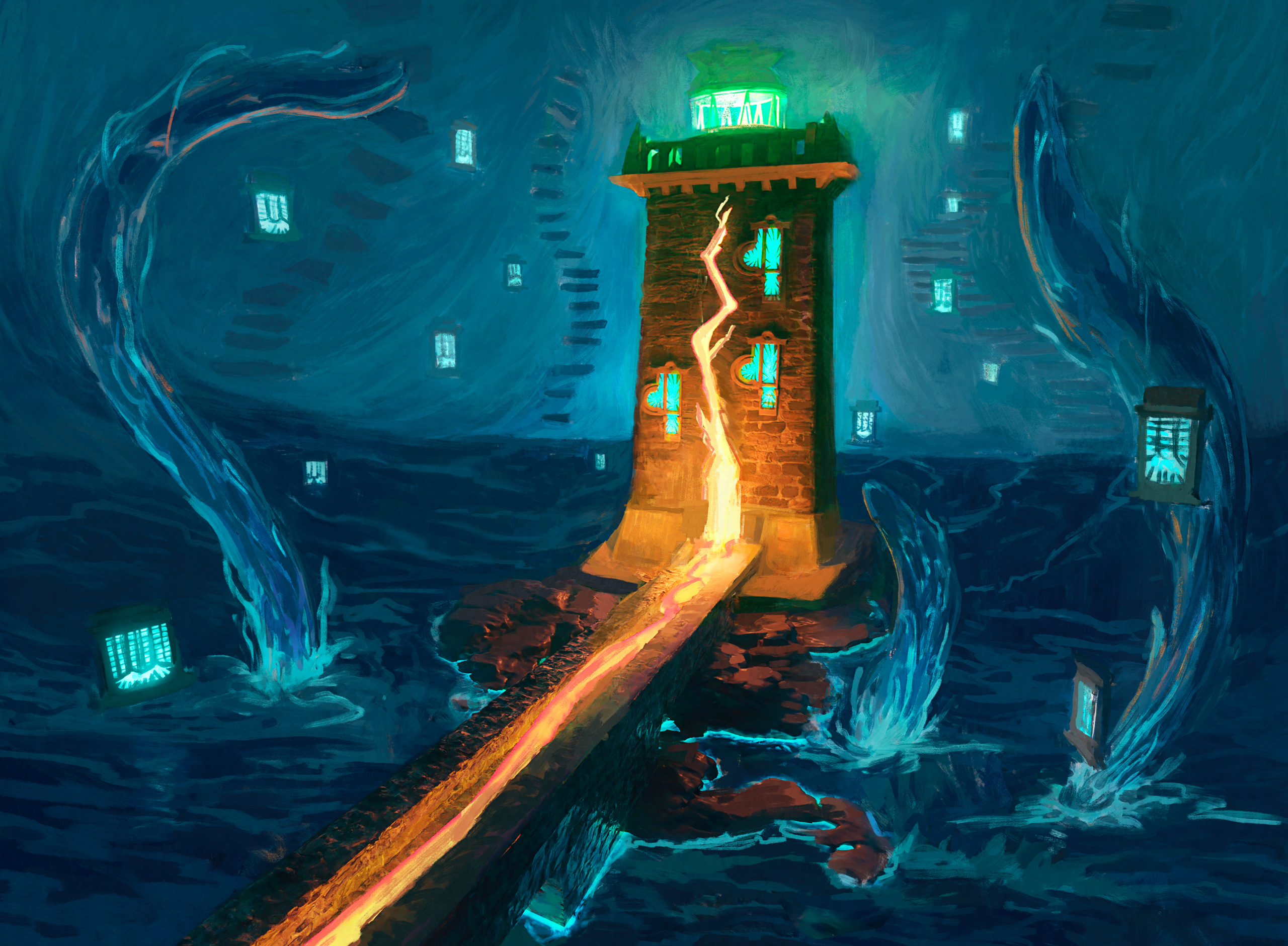 Vivid digital art of a lighthouse with glowing windows and a fiery beam, surrounded by animated ocean waves with luminous spray, creating a fantastical seascape scene emphasizing vibrant colors and imaginative design.