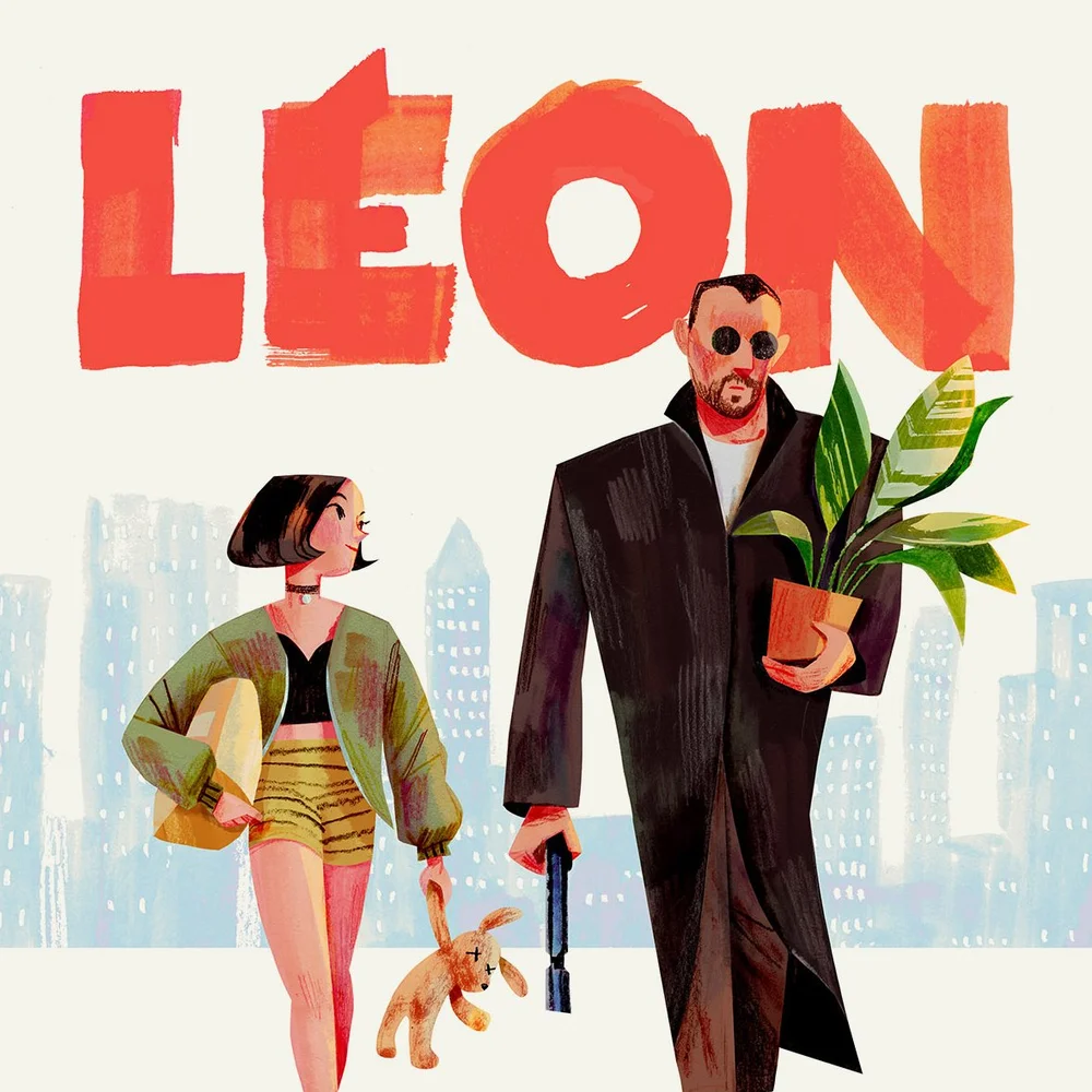 Vibrant illustration of two characters in a cityscape, one holding a potted plant and the other walking a dog, showcasing contemporary art, urban lifestyle, and creativity in an artistic style.