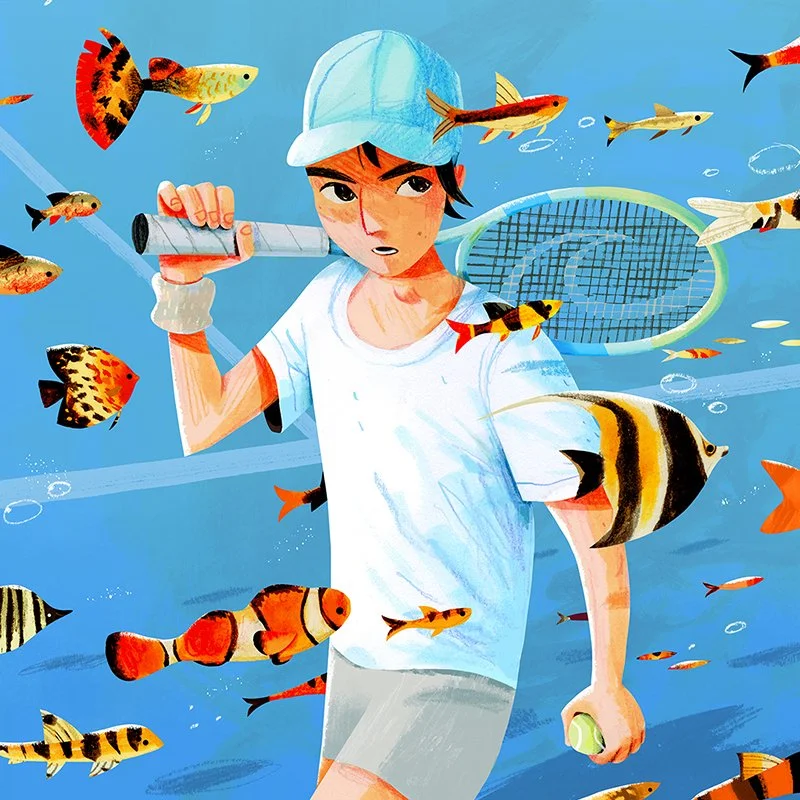 Young boy fishing surrounded by colorful tropical fish under water.