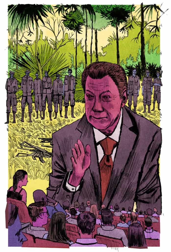 A political figure appears distressed while addressing an audience, with soldiers standing in the lush jungle backdrop, symbolizing political or military tension.