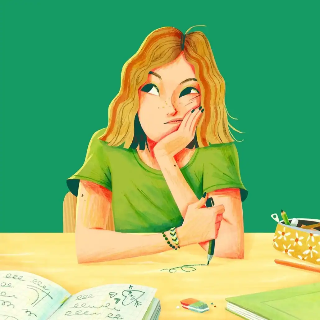 Girl with thoughtful expression at desk, surrounded by art supplies, sketchbook, and vibrant background, showcasing contemporary artwork and visual arts passion.