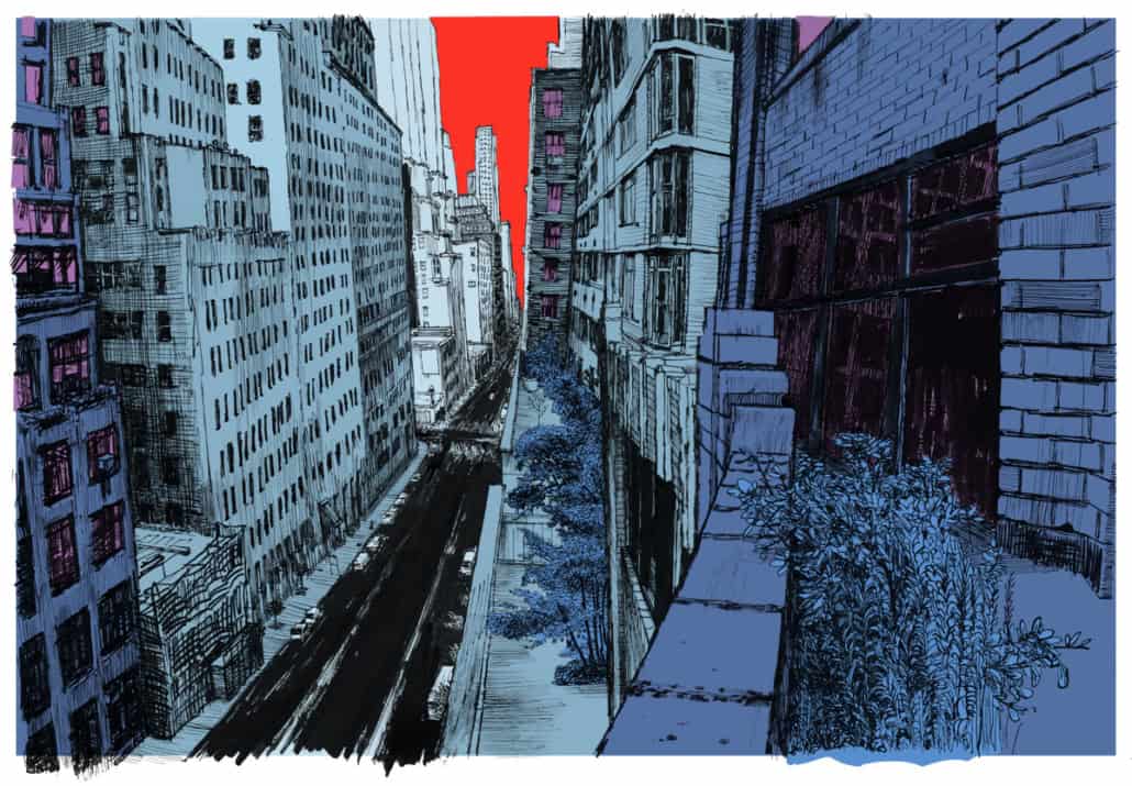 Vibrant cityscape with high-rise buildings, street view, and colorful sky in sketch art style, showcasing urban architecture and city life for modern art lovers.