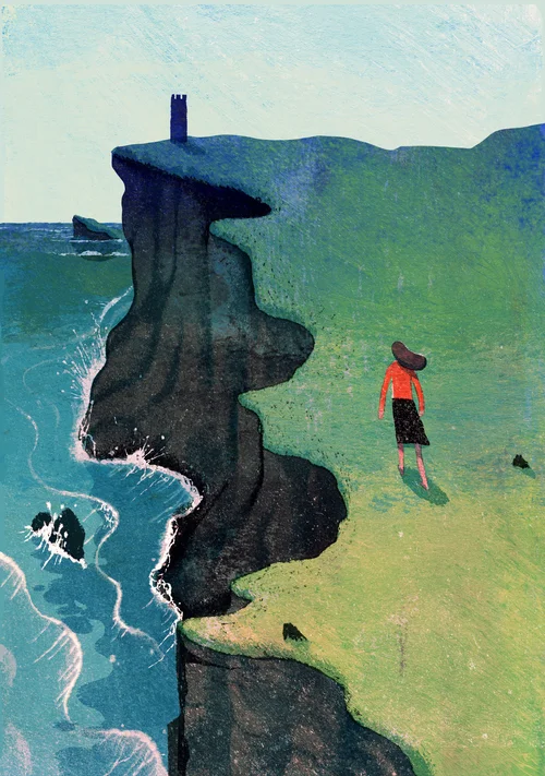 A vibrant painting of a coastal cliff with a solitary figure walking on grassy terrain, capturing the beauty of nature and seascape in a colorful, artistic style.