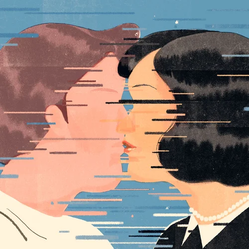 A captivating illustration of a couple sharing a kiss, featuring bold colors and a modern art style, emphasizing themes of love, intimacy, and emotional connection.