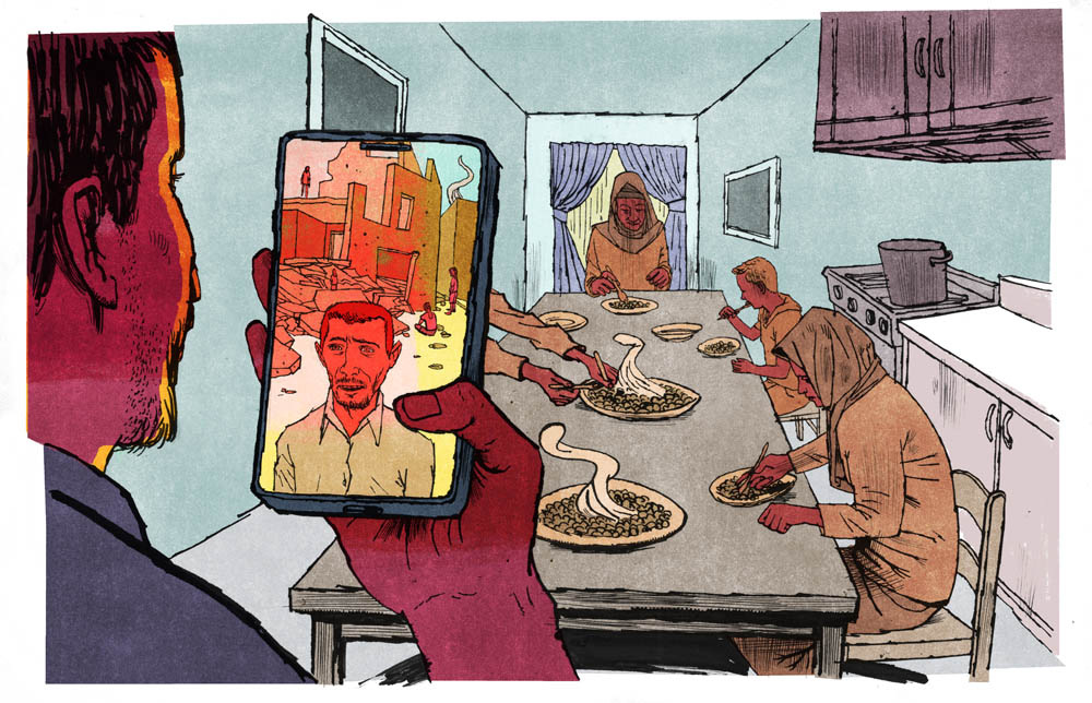 A person taking a photo of family dinner scene in a cozy kitchen, emphasizing cultural traditions and family bonding, with steaming plates, warm lighting, and a casual atmosphere.