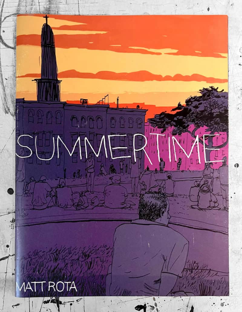 Bright evening scene of city park during sunset with diverse people sitting, walking, and enjoying the summer atmosphere.