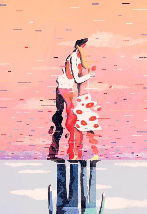 Vibrant artwork depicting a couple walking hand in hand along a reflective waterfront, emphasizing themes of love and companionship in contemporary abstract art.