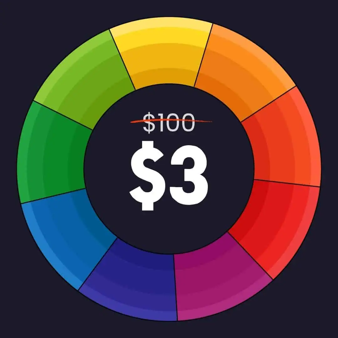 Color mixing chart showing a vibrant color wheel with discounted price, illustrating paint color blending techniques for artists.
