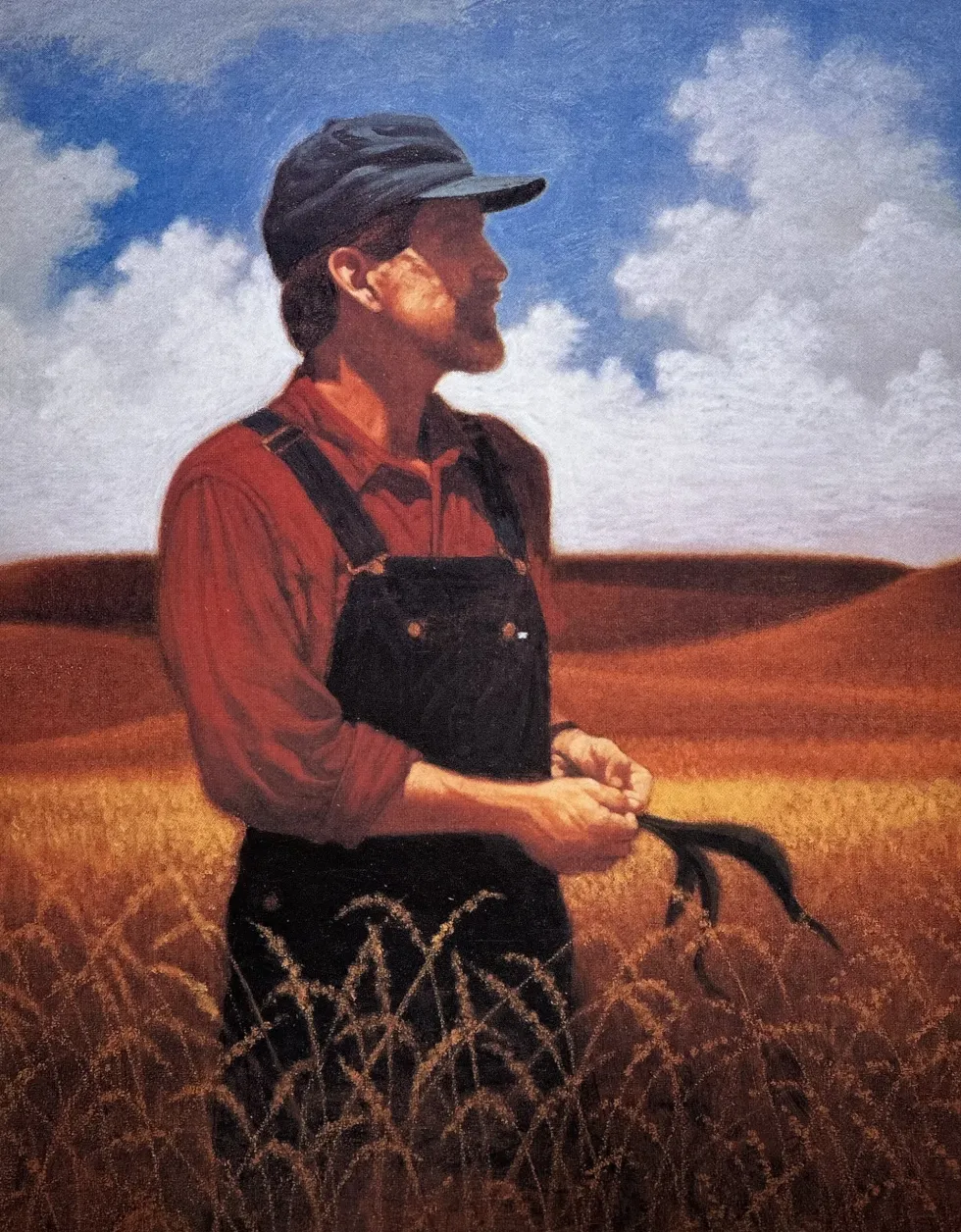 Illustration of a farm worker standing in a wheat field during sunset, wearing a cap and overalls, capturing rural life and agricultural labor.