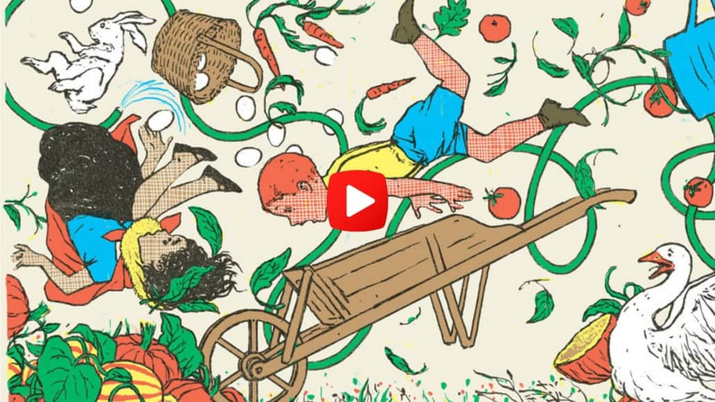An intricate illustration by Gérard DuBois featuring children, animals, and garden elements in a whimsical, detailed style.