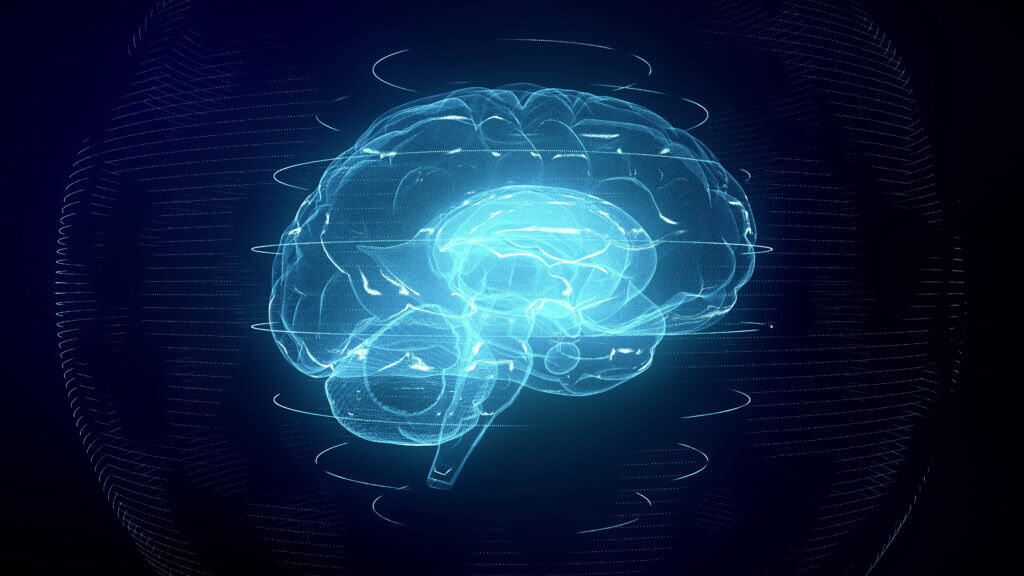 Futuristic,Blue,Digital,Brain,In,Cyberspace.,Neurons,Firing,In,Mri