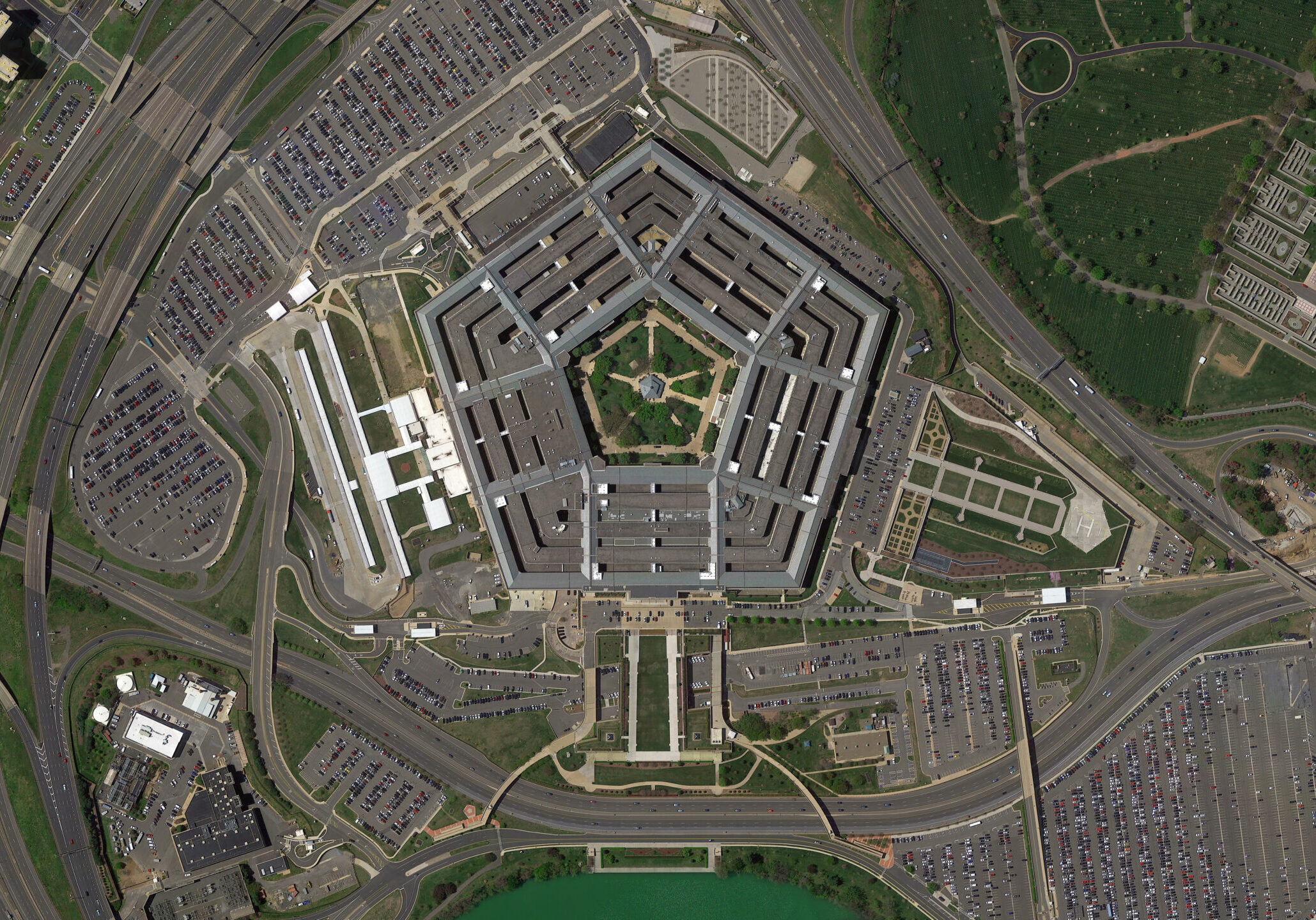Pentagon in Washington building looking down aerial view from above, Bird’s eye view Pentagon, Washington, USA
