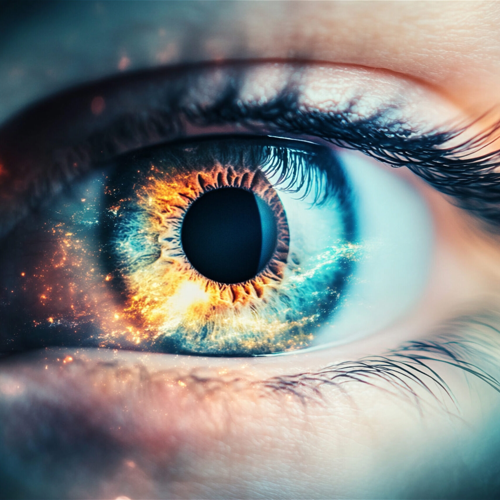 Detailed close-up of a human eye reflecting a universe, symbolizing imagination and creativity