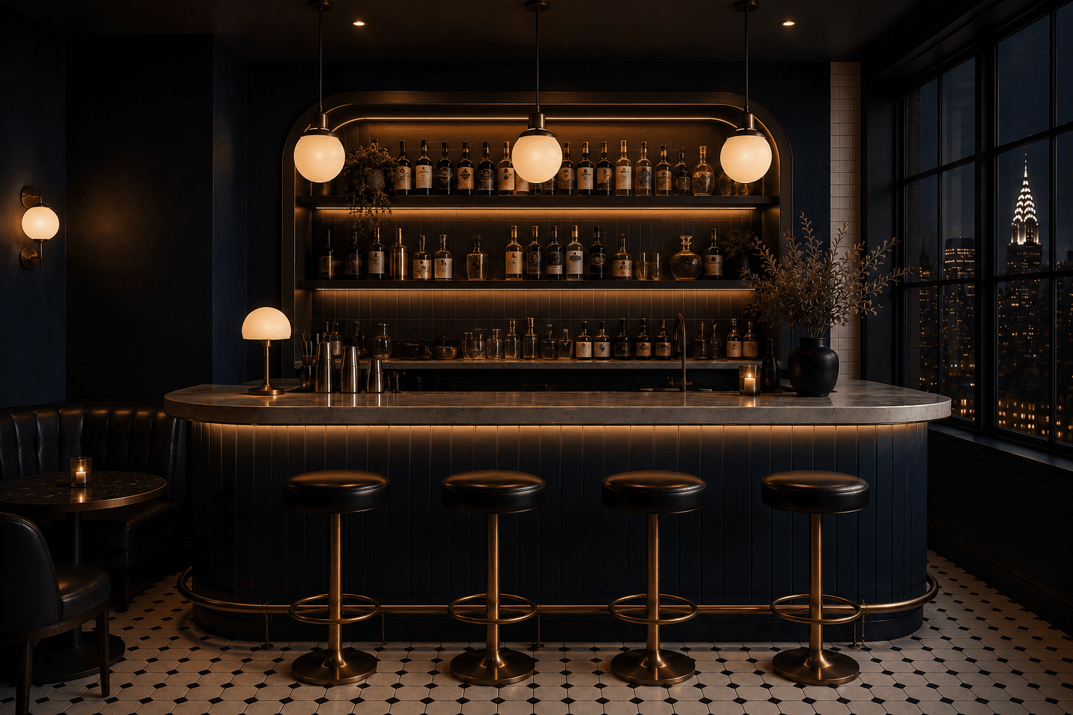 Elegant bar with city skyline view