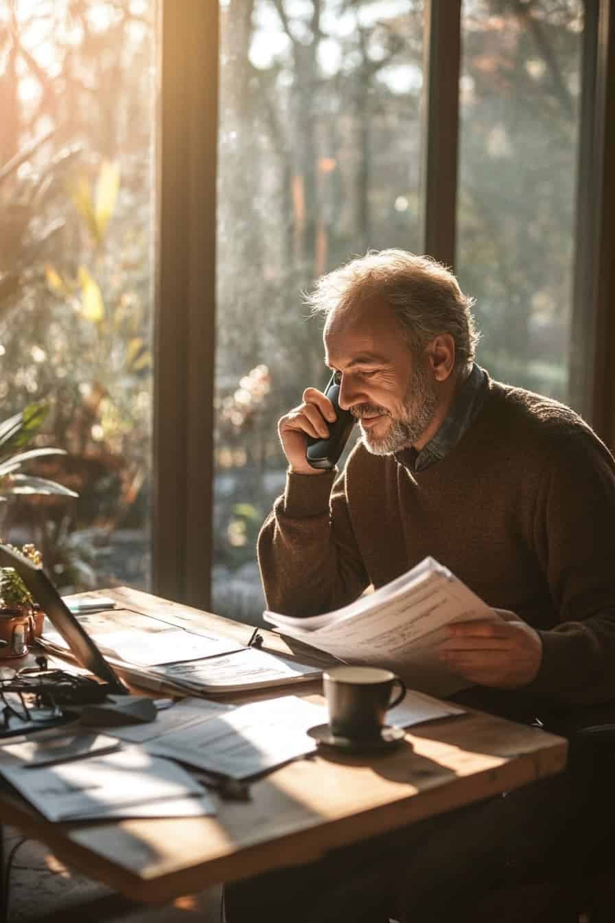 A small business owner seated at a compact wooden desk speaking on a corded phone