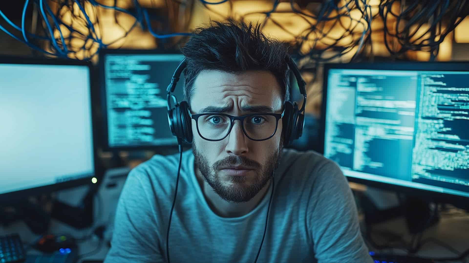 stressed MSP technician in a modern office wearing a headset surrounded by tangled Ethernet cables and VoIP phones