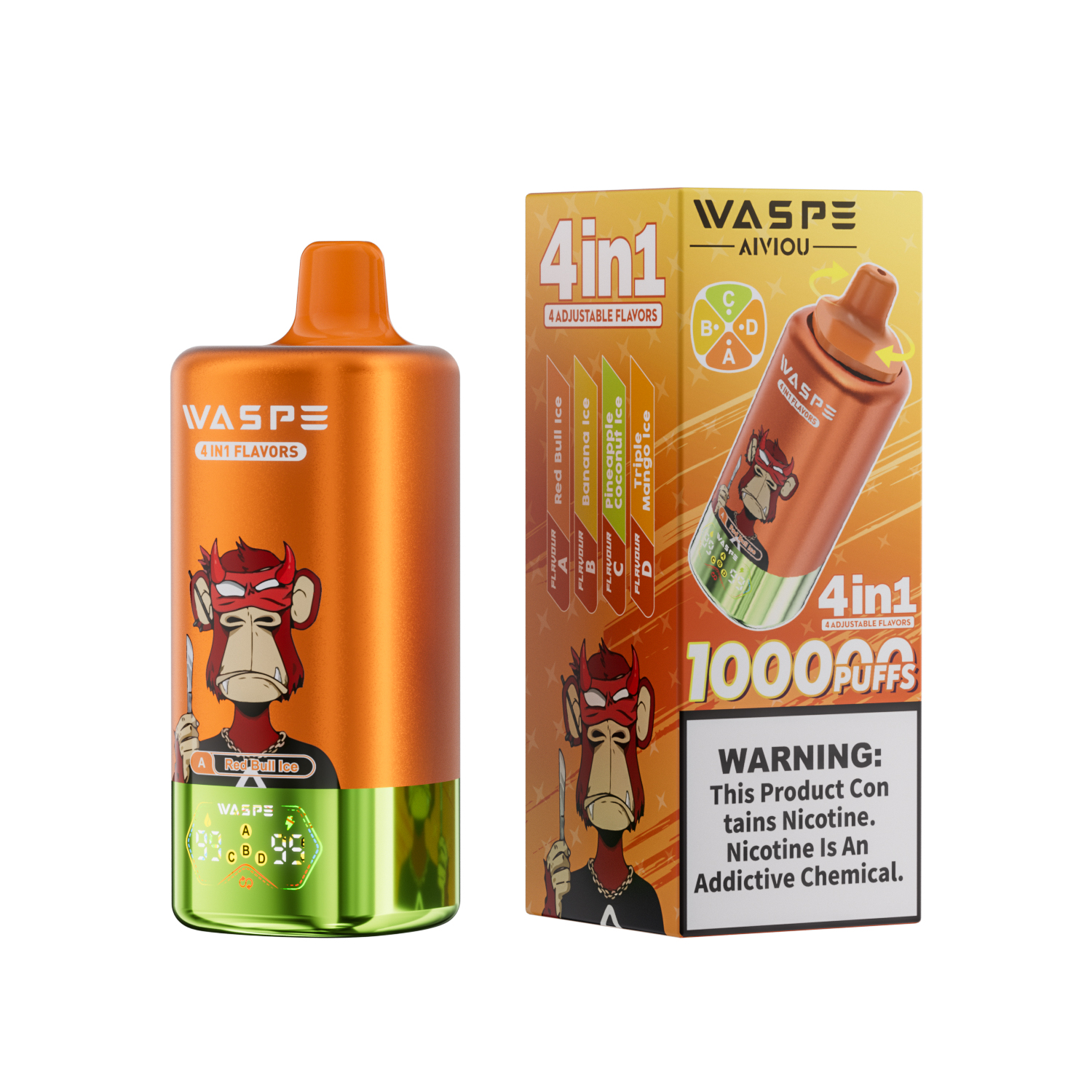 WASPE 4 in 1 100000 Red Bull Ice/Banana Ice/Pineapple Coconut Ice/Triple Mango Ice - Image 2