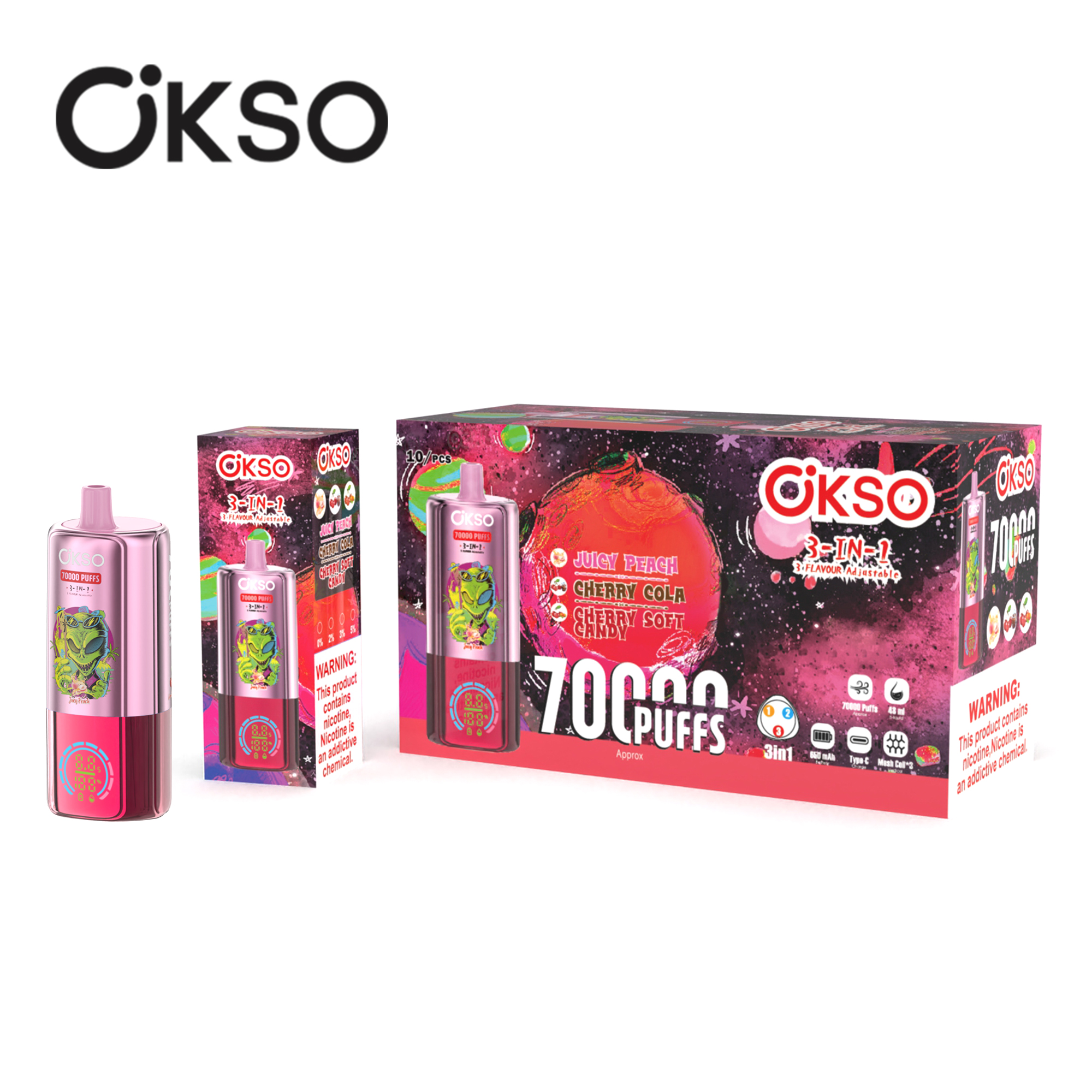 OKSO 3IN1 70000 Juicy Peach/Cherry Cola/Cherry Soft Candy