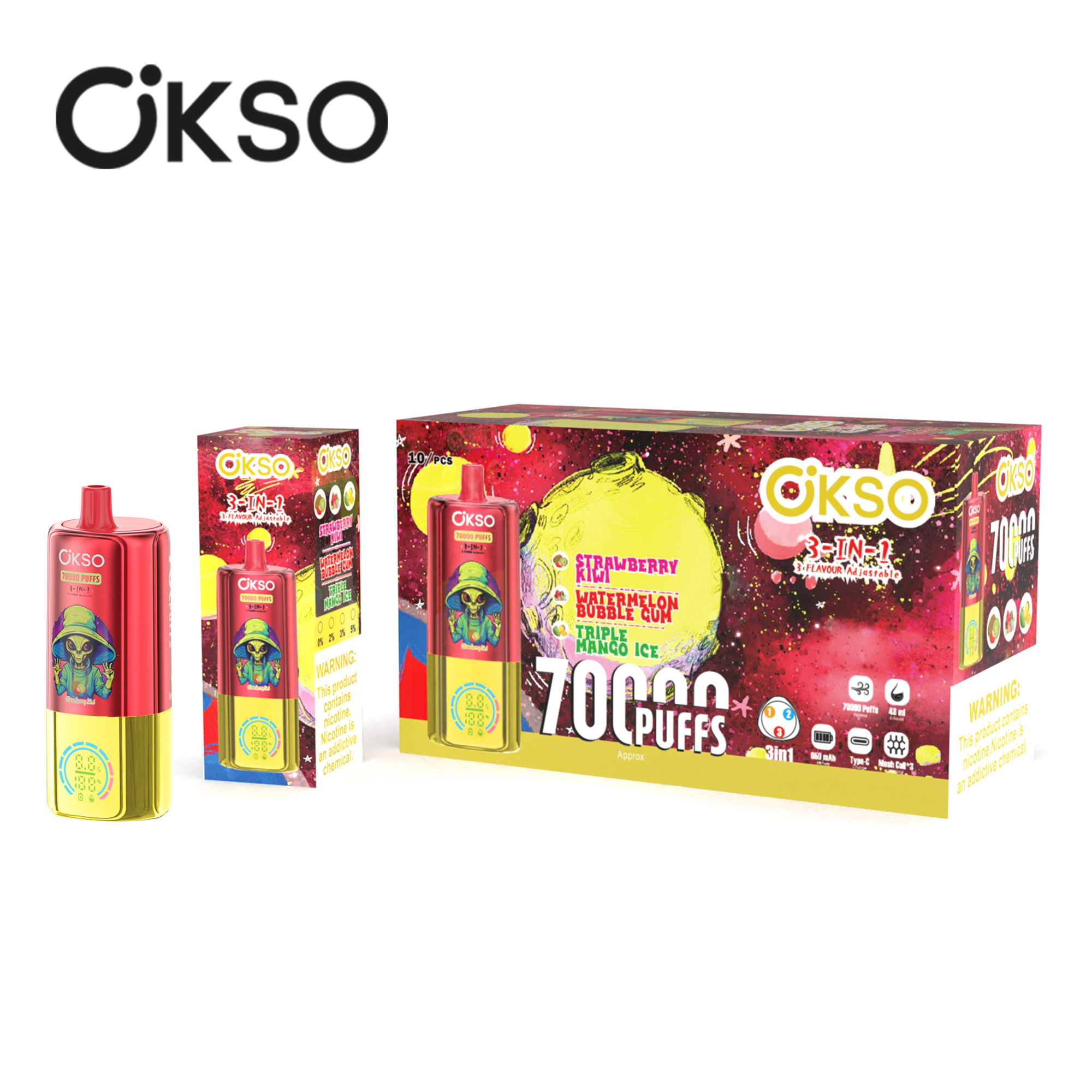 OKSO 3IN1 70000 Strawberry Kiwi/Watermelon Bubble Gum/Triple Mango Ice