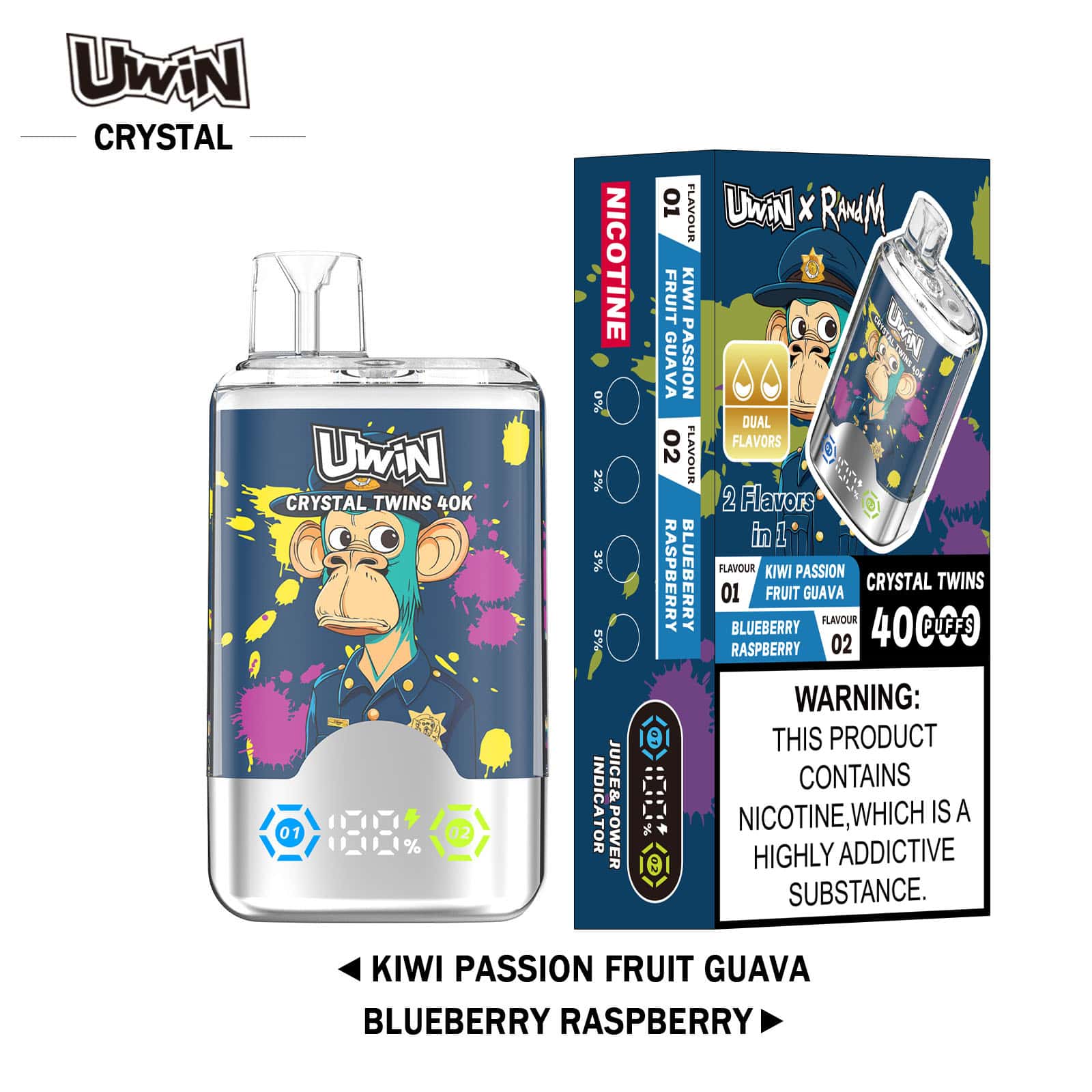 Uwin Crystal Twins 40000 Kiwi Passion Fruit Guava/Blueberry Raspberry