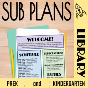 A colorful image showcasing a stack of printed lesson plans labeled No-Prep Library Sub Plans.