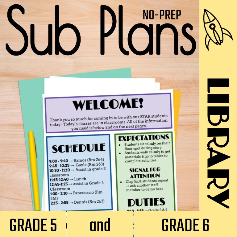No prep library sub plans for grades 5 and 6