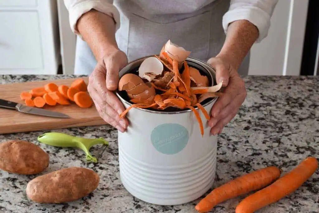 Woman using counter top composter