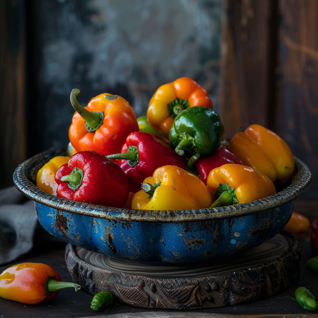 Mini bell peppers the overall mood should be inviting, cozy, and wholesome, typical of a rustic kitchen. Lightbox photo taken with nikon d750 ar 16:9 --v 6. 0