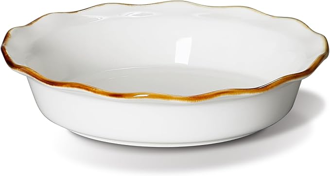 Onemore 9-inch deep dish pie pan - ceramic pizza pan for oven, baking chicken pot pie, quiche & tarts - rustic white dish for perfectly crispy crust, large ruffled baking plate