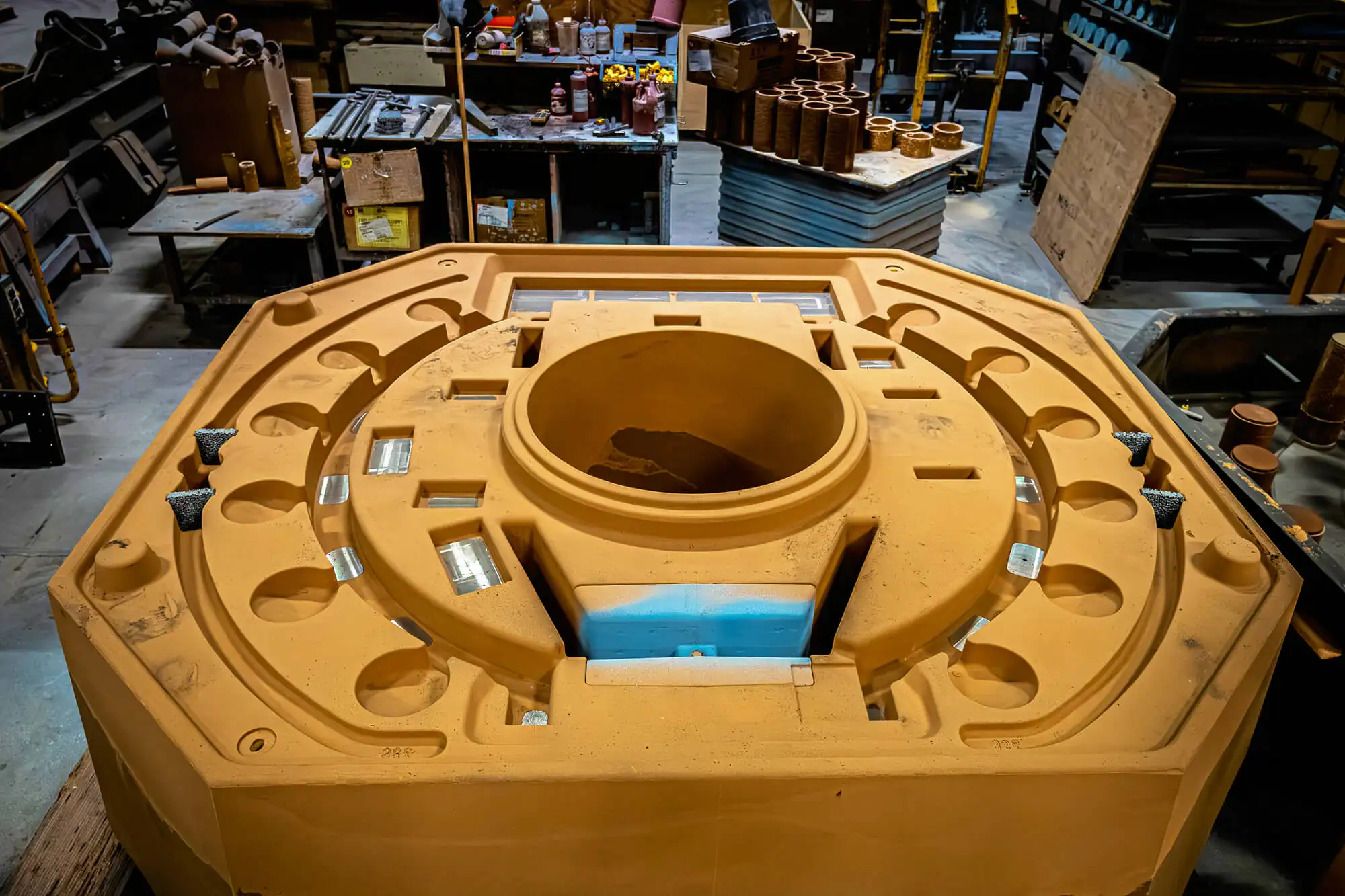 Close-up of large octagonal air set mold, onsite at Wisconsin Aluminum Foundry.