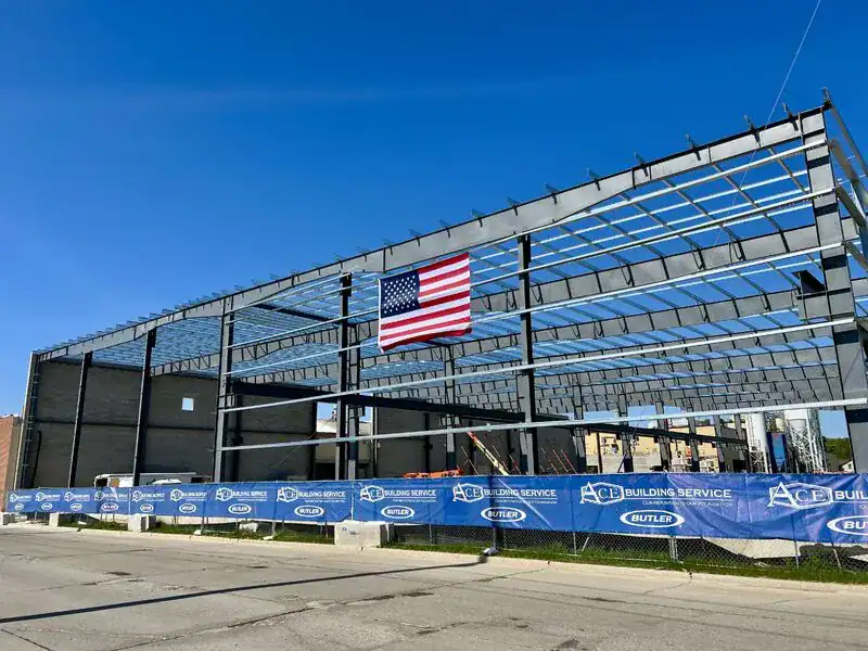 Street view of steel beams that frame the new Wisconsin Aluminum Foundry permanent mold facility expansion.