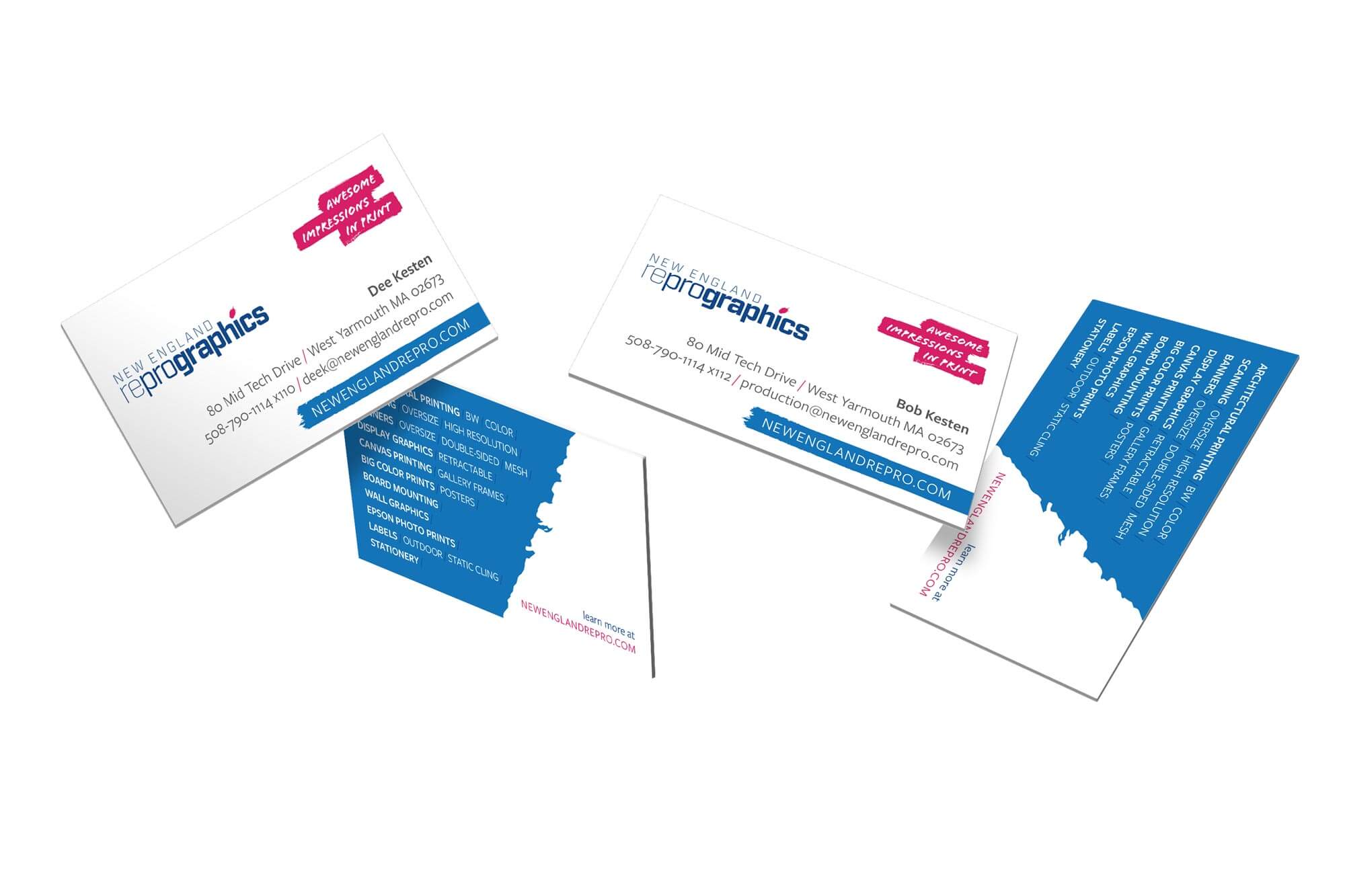 floating mockup of business card design for New England Reprographics