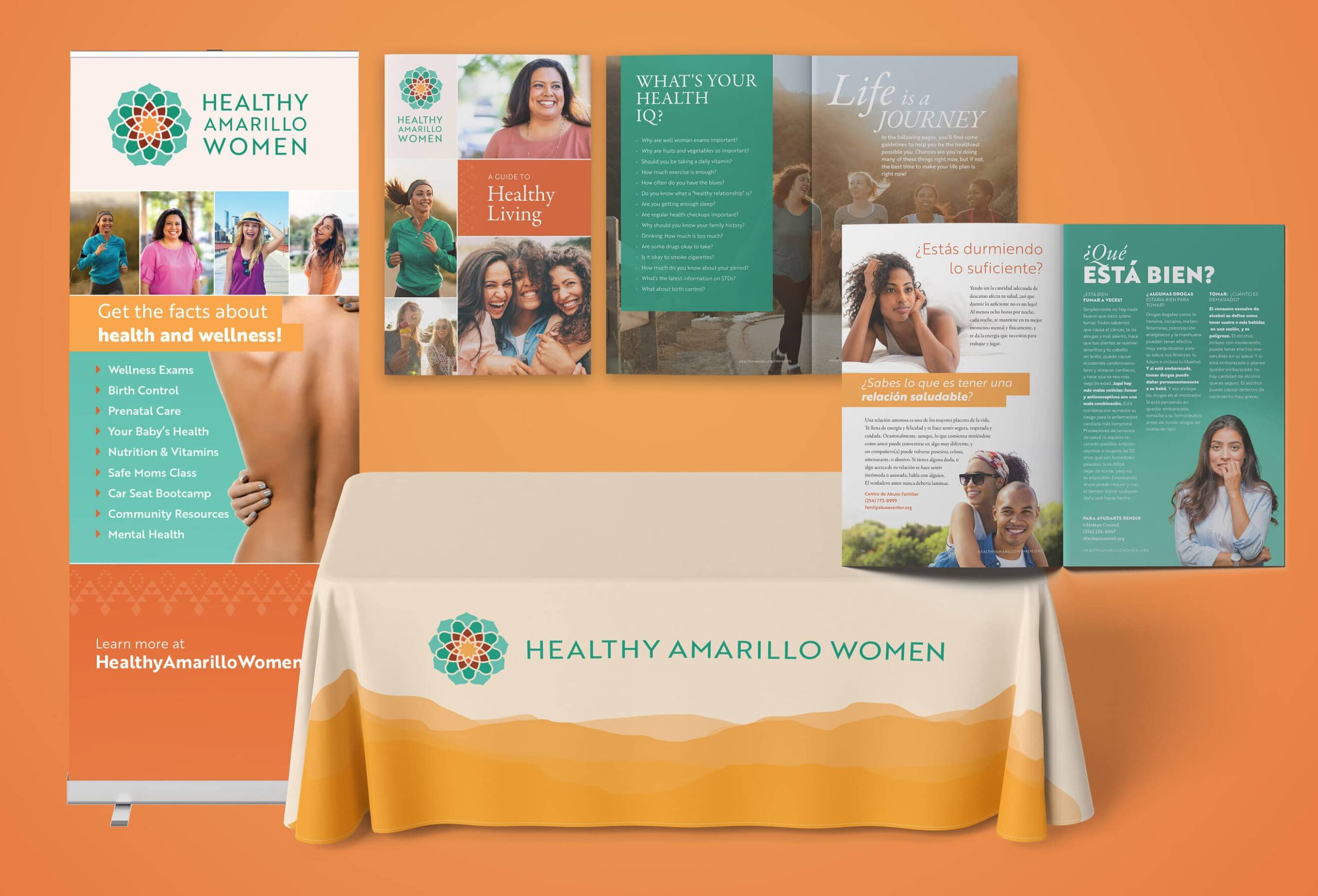 Examples of branding and print collateral for Healthy Amarillo Women featuring a tablecloth, retractable banner, and booklet in English and Spanish. Branding is done in gold, orange, and green with a southwestern influence.