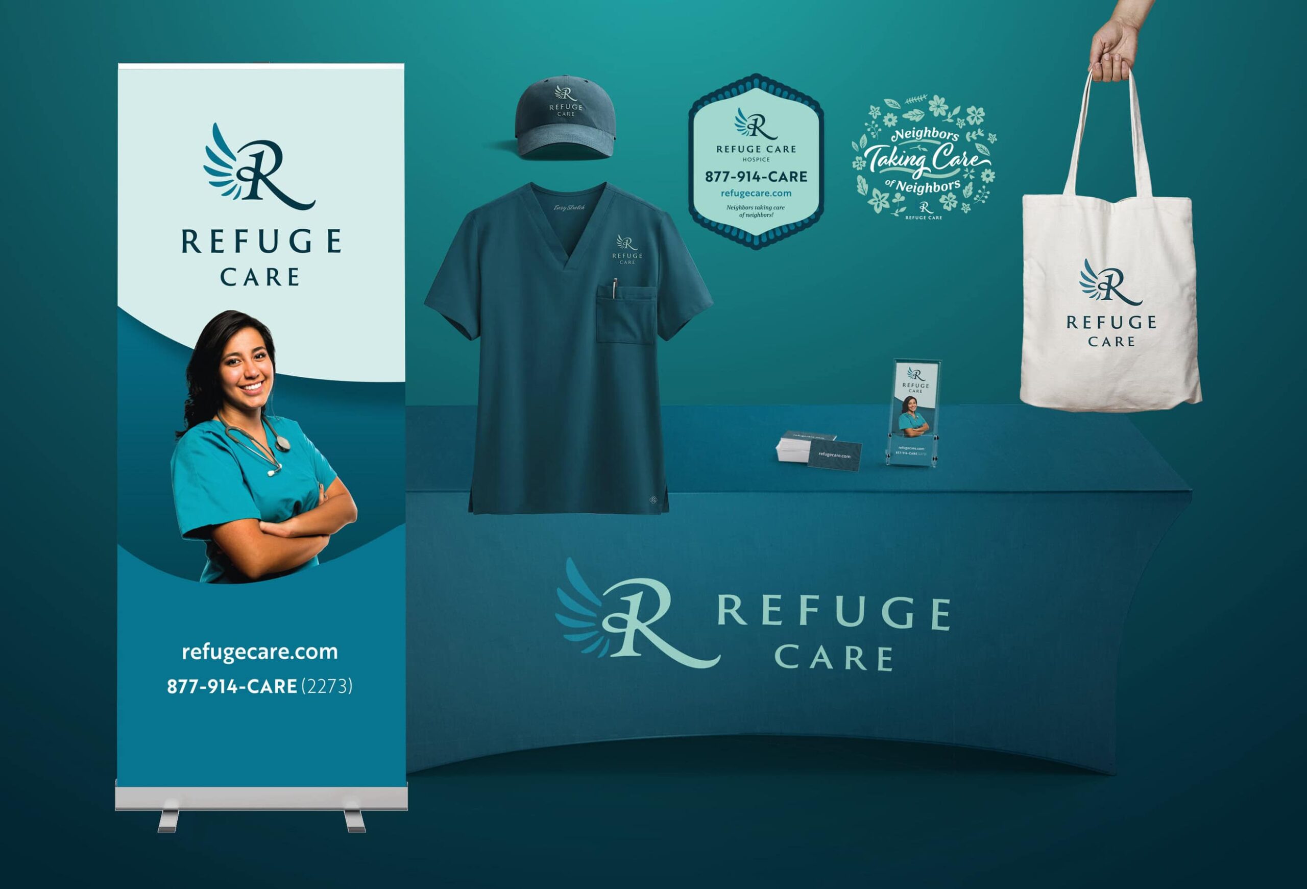 Examples of branding and print collateral for Refuge Care, featuring an italic swash R with teal and aqua accents. Includes a branded stretch table covering, retractable banner, teal nurse scrubs, embroidered hat, and a canvas bag, plus a magnet and decal design.