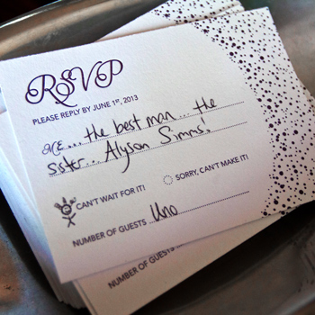 Letterpress RSVP card with white cotton paper and purple ink. Abstract dot pattern on right side.
