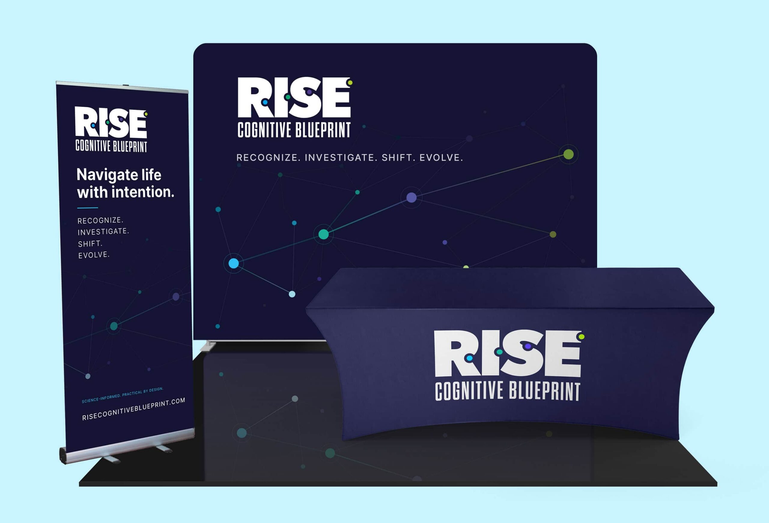 RISE Cognitive Blueprint event graphics including fabric backwall, stretch table wrap, and retractable banner.