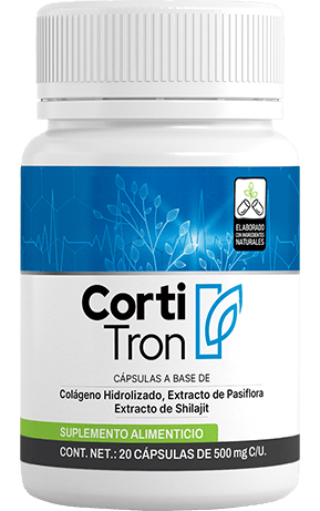 Frasco de CortiTron, suplemento alimenticio con Colágeno Hidrolizado, Pasiflora y Shilajit para el bienestar integral.