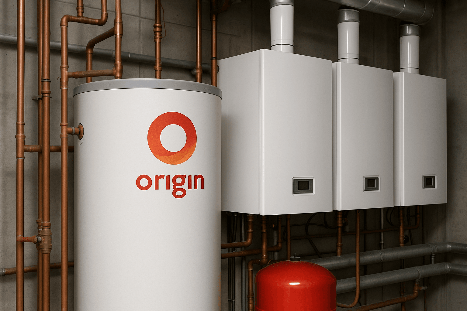 Origin Embedded Network hot water plant in a Canberra apartment building, featuring storage tank, gas boilers, and circulating pump system