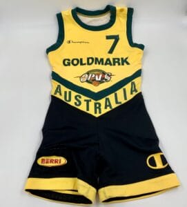 An australian basketball uniform with the word goldmark on it, celebrating the history of women's basketball. An australian basketball uniform with the word goldmark on it, celebrating the history of women's basketball.