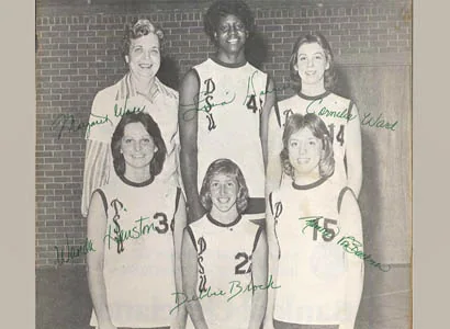 A black and white photo of hall of fame women's basketball team. A black and white photo of hall of fame women's basketball team.