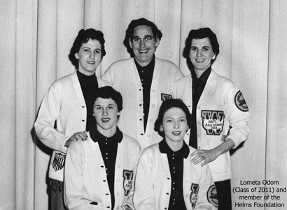 A black and white photo of a group of women, who are all women's basketball hall of fame members, posing for a picture. A black and white photo of a group of women, who are all women's basketball hall of fame members, posing for a picture.