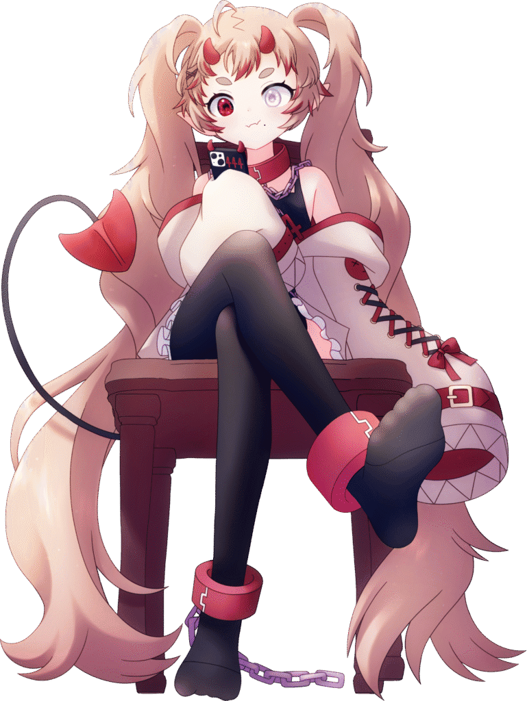 Cute anime-style girl with long pink hair, devil horns, red tail, and futuristic outfit, sitting on a chair, featuring dark thigh-high stockings and laced boots. Perfect for gaming and digital art fans.