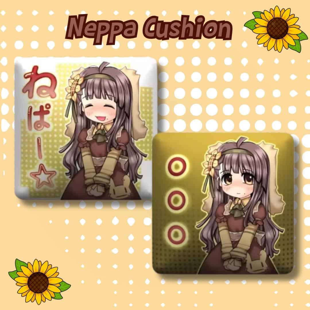 Cute anime-style Neppa Cushion featuring adorable girl characters with expressive faces, perfect for kawaii decor and collectible plush accessories, showcasing vibrant artwork and high-quality fabric.