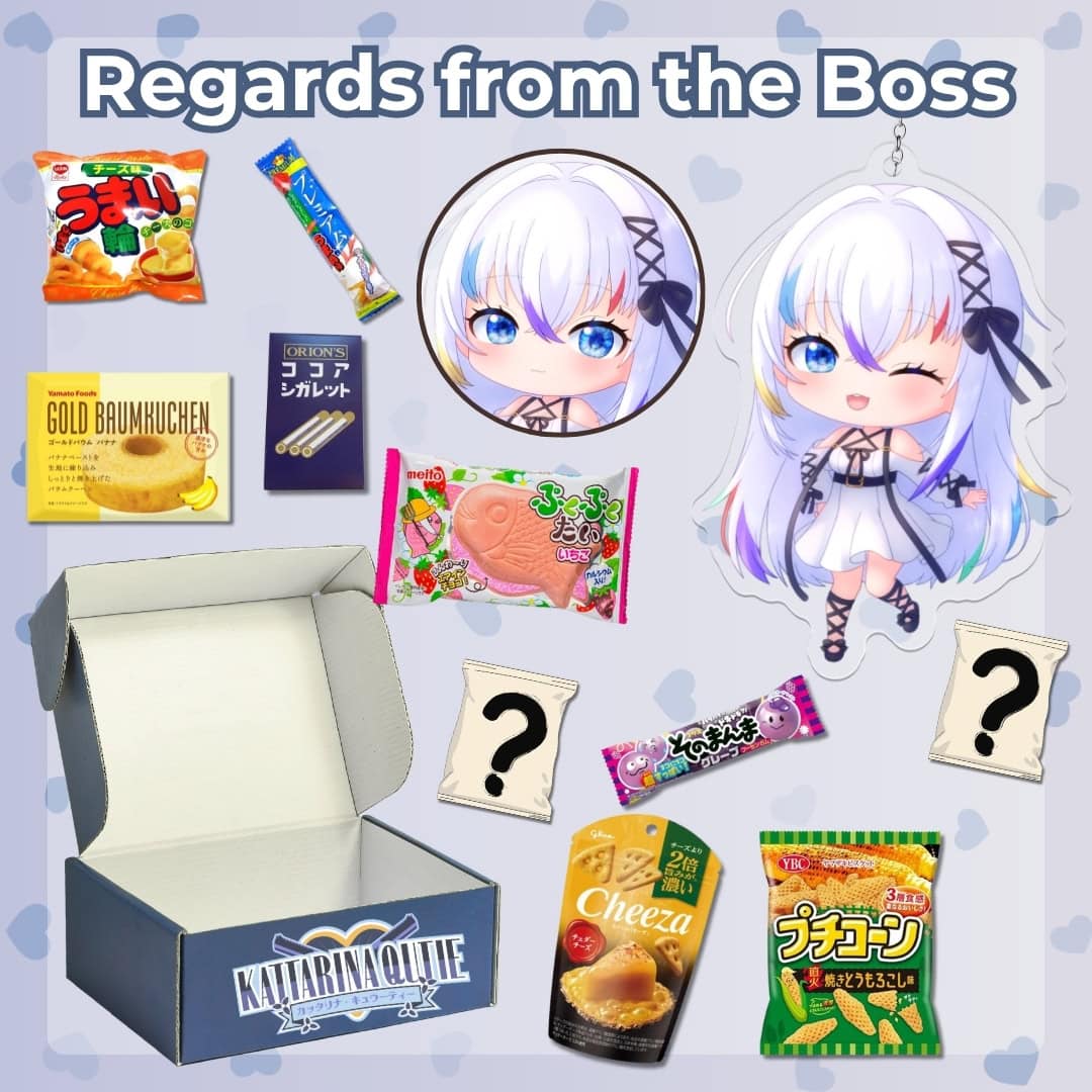 Snack assortment with cute anime character stickers, variety of Japanese snacks and candies, and a mystery box for kawaii-themed gift ideas.