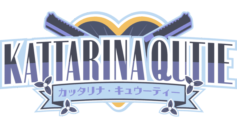 Kattarina Kitoute logo featuring stylized musical instruments and Japanese text, emphasizing Kattarina's music and artistic branding on a pastel blue background.