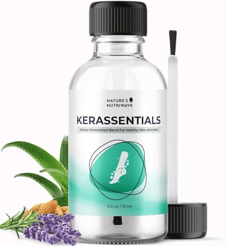 Detailed image of the Kerassentials supplement, a powerful topical oil for strengthening and protecting nails against recurring fungal infections